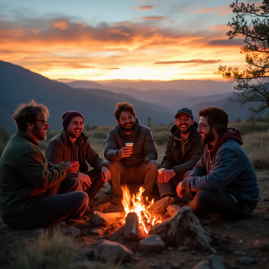 Grupo de amigos riendo junto a una fogata en la naturaleza argentina